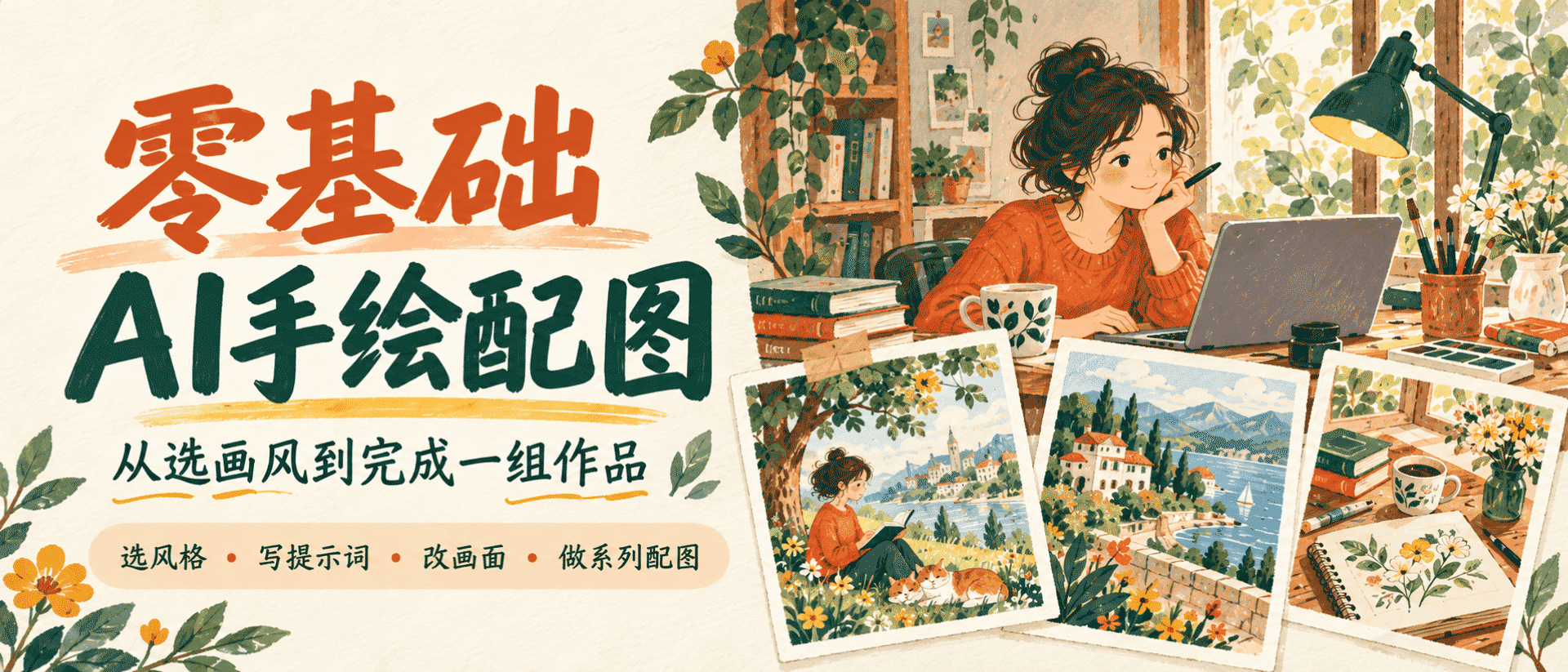 零基础AI手绘配图：从选画风到完成一组作品webbanner